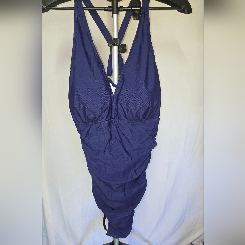 Elegant Blue One Piece Swimsuit with Ruched V-Neckline